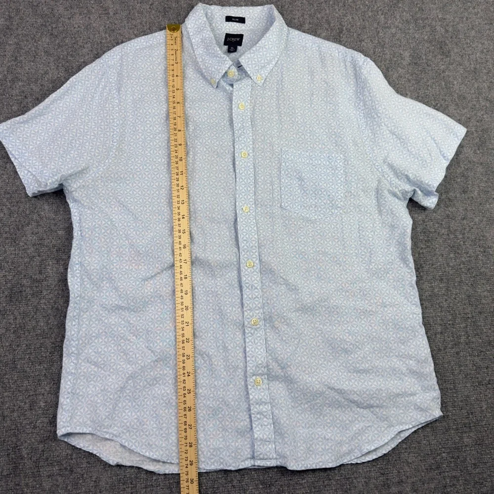 J.Crew Shirt Men XL Blue Linen Blend Geometric Short Sleeve Beach Coastal Preppy